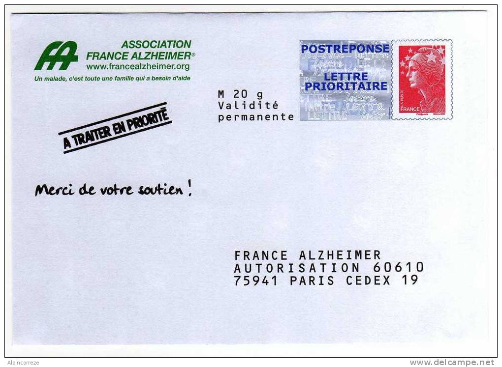 Entier Postal PAP POSTREPONSE Paris France Alzheimer Autorisation 60610 N° Au Dos : 10P201 - Prêts-à-poster:Answer/Beaujard