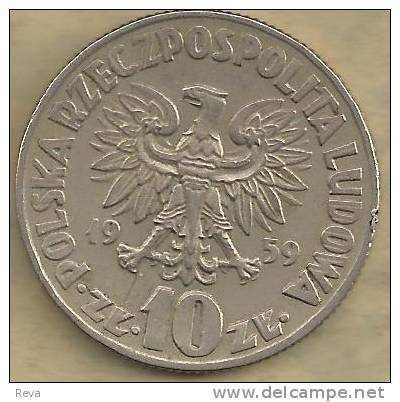 POLAND 10 ZLOTYCH COPERNICUS SPACE RESEARCHER FRONT  EAGLE BACK 1959 1ST TYPE F KM? READ DESCRIPTION CAREFULLY !!! - Poland