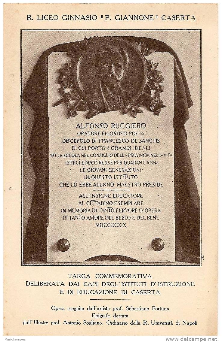 Commemorazione Di ALFONSO RUGGIERO In CASERTA   /   R. Liceo Ginnasio  " P. GIANNONE " - Caserta