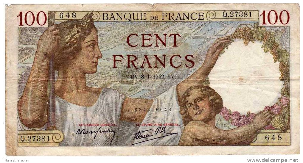 France : 100 Francs 1942 : Mauvais Etat - 100 F 1939-1942 ''Sully''