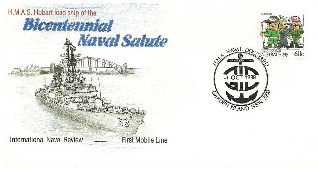 Australia- 1988 HMAS Hobart Lead Ship Of The Bicentennial Naval Salute First Mobile Line  FDC - Ersttagsbelege (FDC)