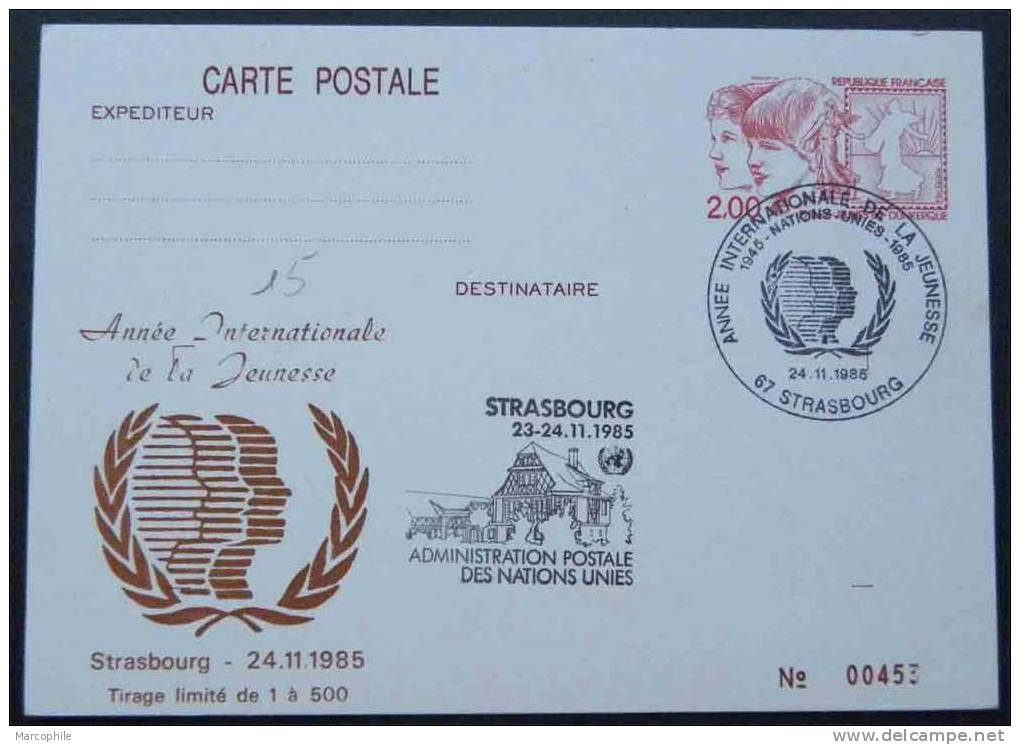 STRASBOURG / 1985 ENTIER POSTAL  REPIQUE ANNEE INTERNATIONALE DE LA JEUNESSE (ref 955) - Postales  Transplantadas (antes 1995)