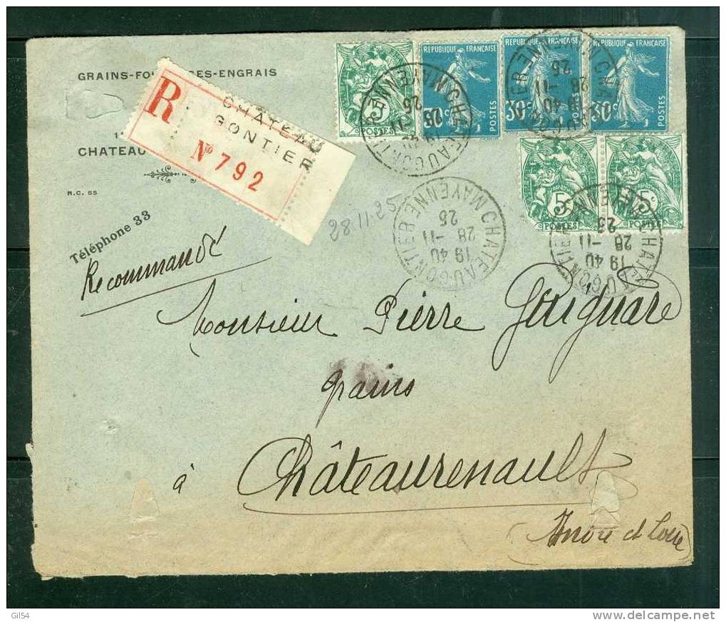 Lettre Recommandée De Chateau Gontier  à 1,05 Fr  ( Maury N°192 X 3 + 111 X 3) Le 28 /11/1925 - Bb11108 - Briefe U. Dokumente