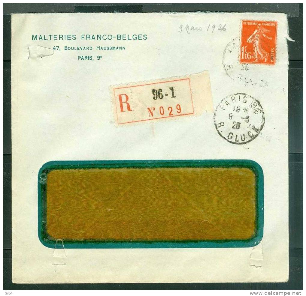 Lettre Recommandée De Paris 9   à 1,05 Fr  ( Maury N°195 )  Le  09 /03/1926 - Bb11109 - Lettres & Documents