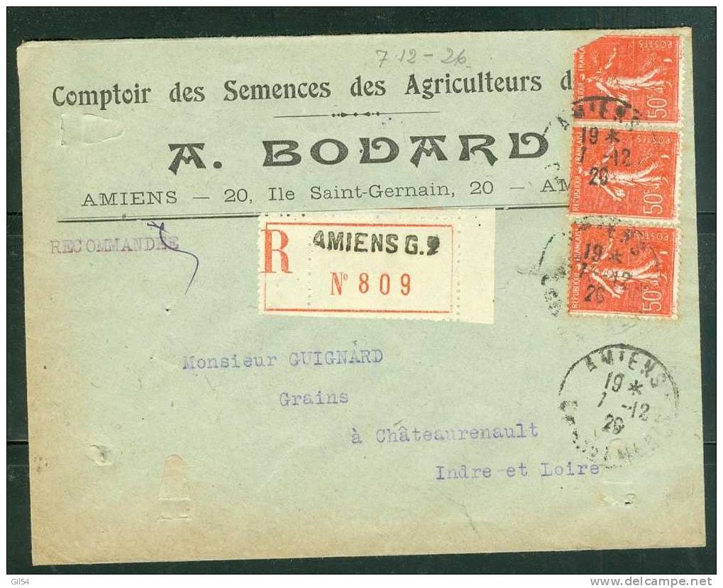 Lettre Recommandée De Amiens  G 2 ,   à 1,50 Fr  ( Maury N° 199  X 3 )  Le  07 /12/1926 - Bb11112 - Storia Postale