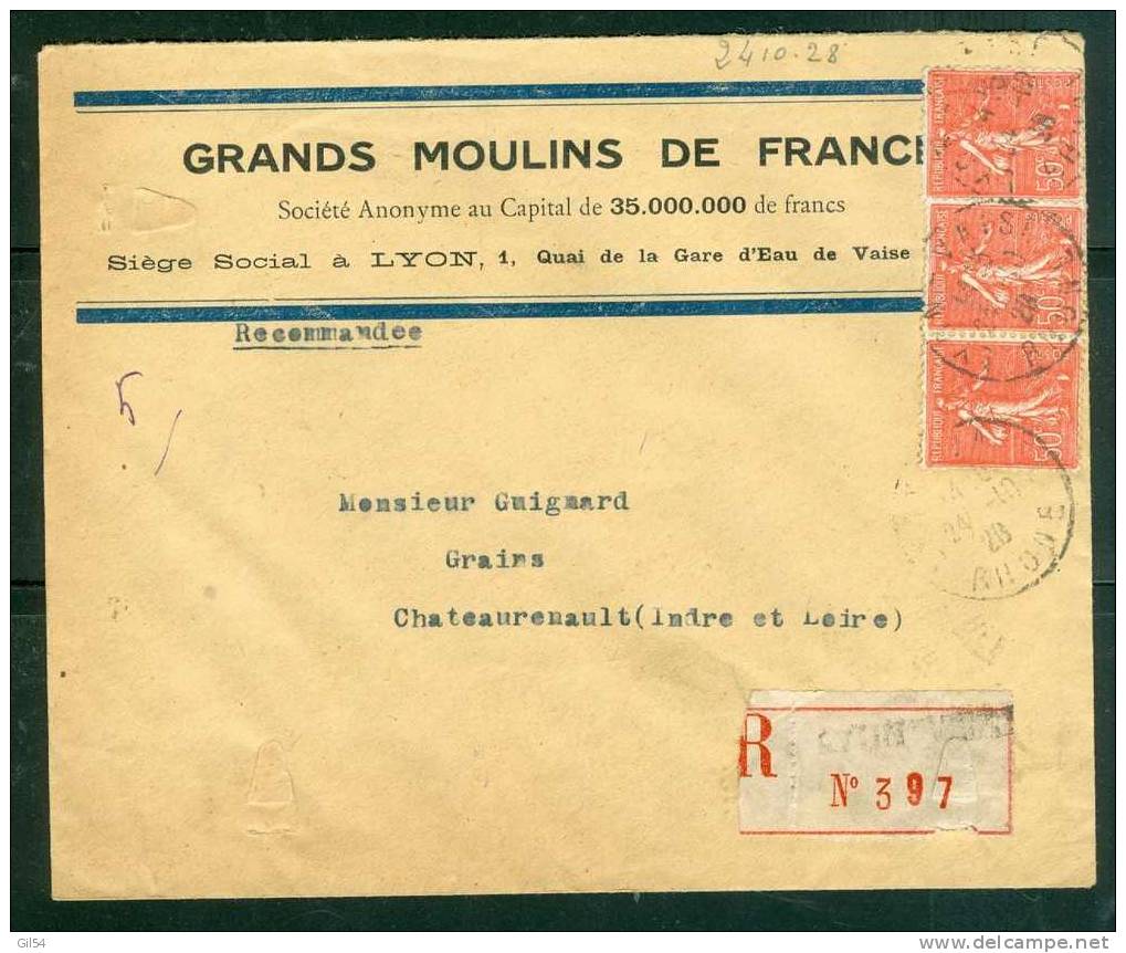 Lettre Recommandée  Bureau  Distribution De Lyon Vaise   à 1,50 Fr  ( Maury N° 199 X 3  )  Le  24/10/1928 - Bb11116 - Storia Postale