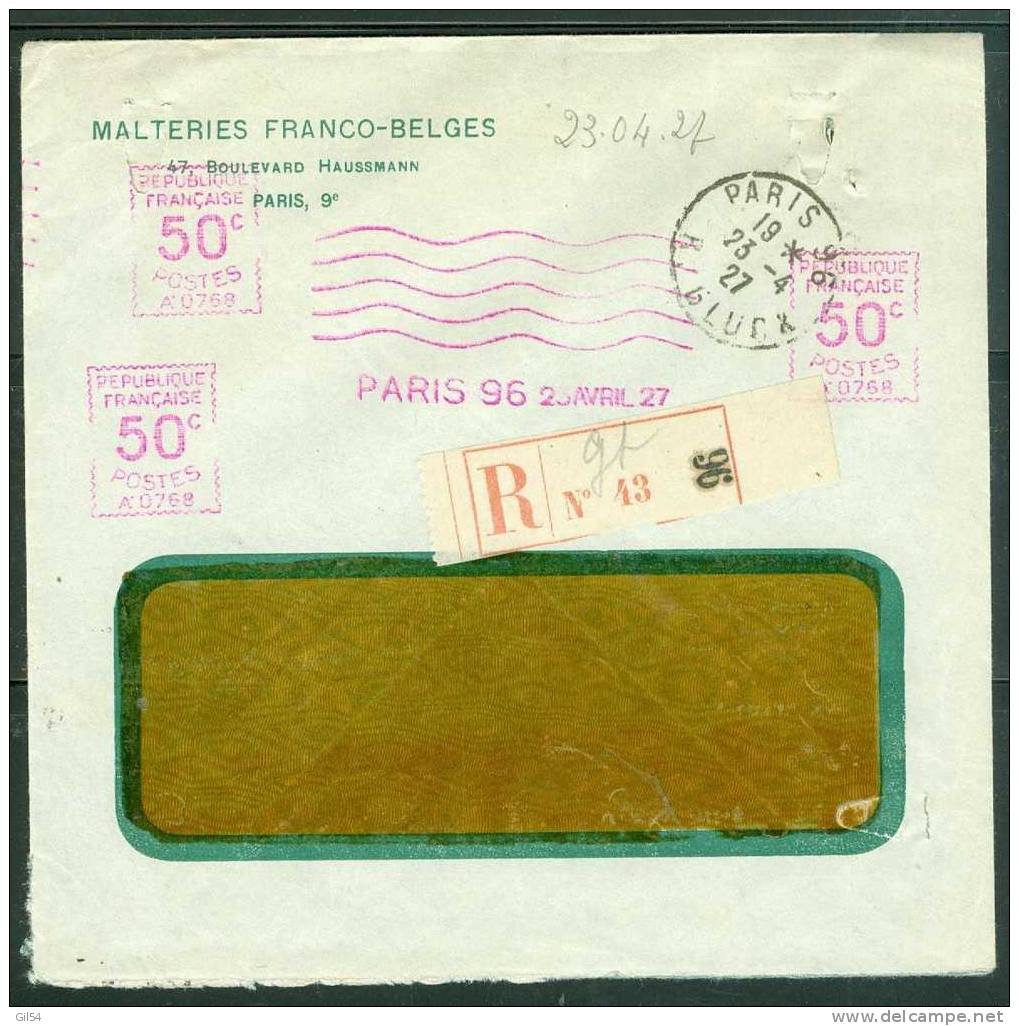 Lettre Recommandée Affranchissement Mécanique (0,50 X 3 ) Paris 96 Le 23/04/1927 - BB11216 - Covers & Documents