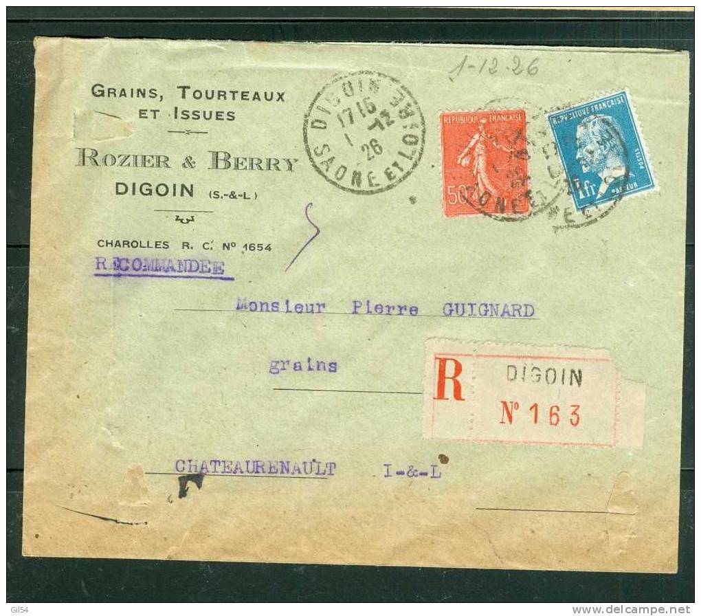 Lettre Recommandée De Digouin à 1,50 Fr ( Maury N°179 + 199 ) Le 01/12/1926 - BB11218 - Storia Postale