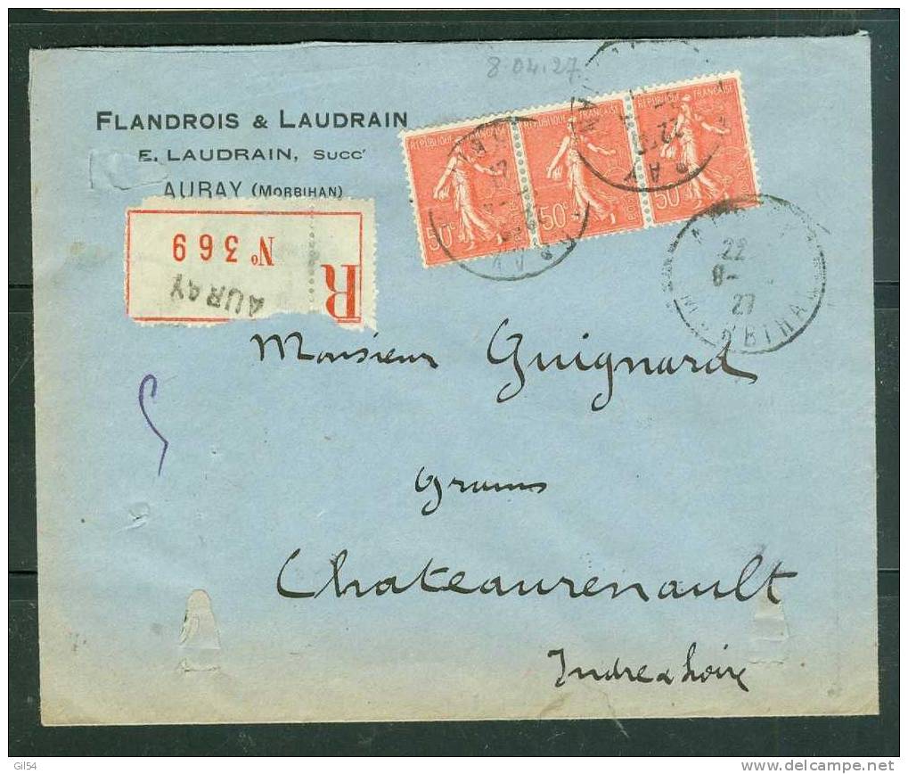 Lettre Recommandée De Auray    à 1,50 Fr ( Maury N°199 X 3 )  Le 08/04/1927 - BB11222 - Briefe U. Dokumente