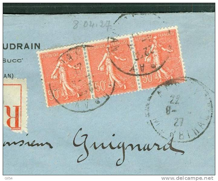 Lettre Recommandée De Auray    à 1,50 Fr ( Maury N°199 X 3 )  Le 08/04/1927 - BB11222 - Lettres & Documents