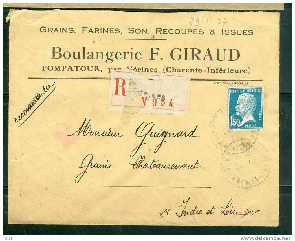 Lettre Recommandée De  Vérines ( Dpt 17 )    à 1,50 Fr ( Maury N° 181 )  Le   29/11/27  - Bb11314 - Lettres & Documents