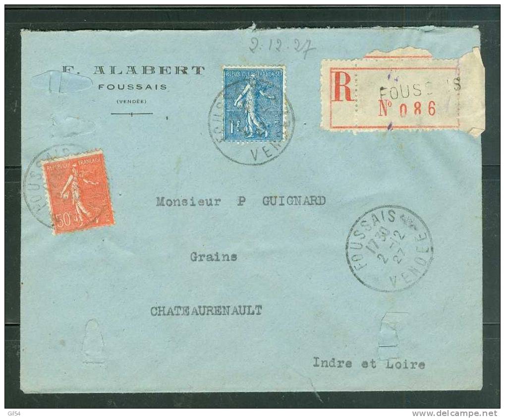 Lettre Recommandée De  Foussais  à 1,50 Fr ( Maury N° 199 + 205 )  Le   02/12/1927 - Bb11316 - Brieven En Documenten