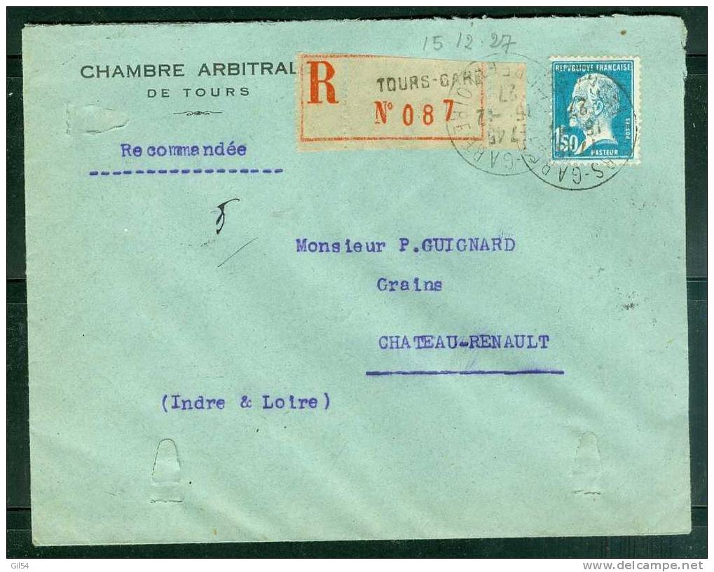 Lettre Recommandée De  Tours Gare   à 1,50fr ( Maury N° 181)  Le  15/12/1927 - Bb11319 - Lettres & Documents