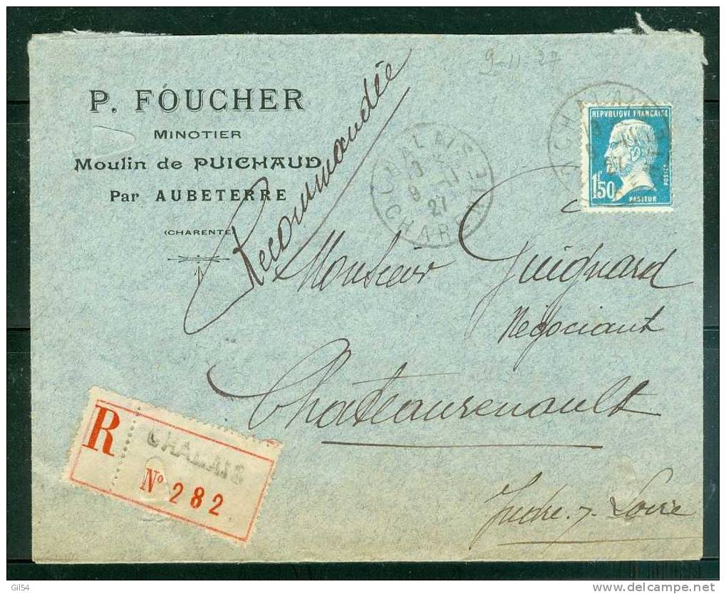 Lettre Recommandée De   Chalais ( Dpt 16 )        à 1,50fr ( Maury N° 181 Seul )  Le   09/11/1927 - Bb11327 - Storia Postale