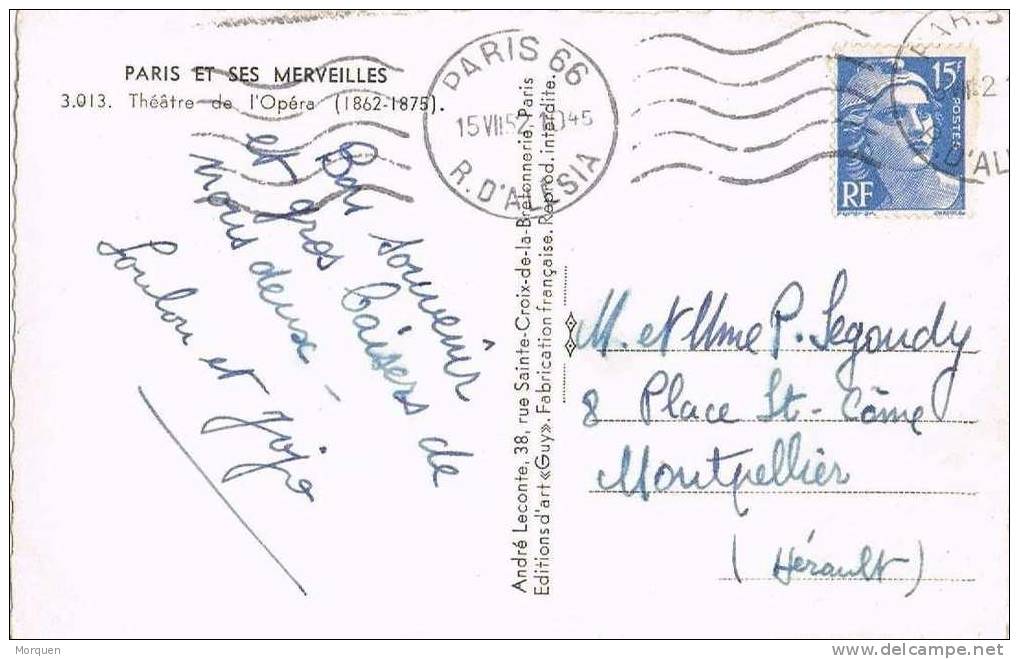 Postal PARIS (rue D´Alesia) 1952. Teatro De La OPERA - Cartas & Documentos