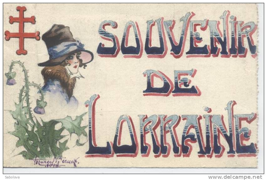 Carte Peinte Originale à La Main  De Marcel BERNET? Souvenir De LORRAINE 1918 - 1900-1949