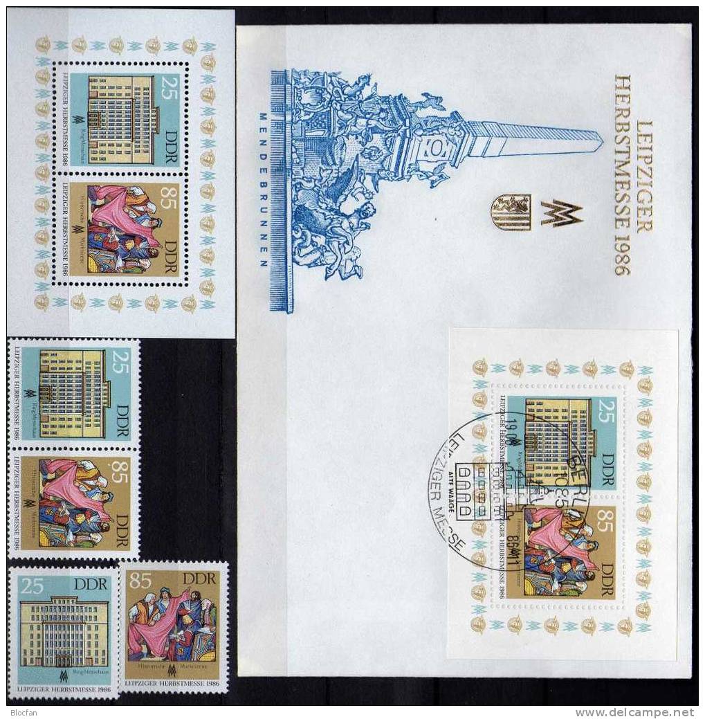 Leipziger Herbstmesse 1986 Ringmessehaus DDR 3038/9,ZD,Block 85 ** plus FDC 12€ Marktschreier Leipzig cover from Germany