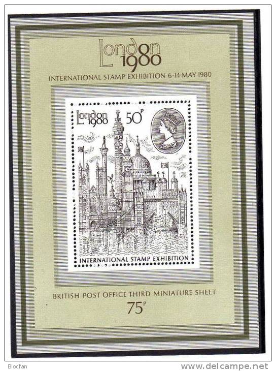 BM-Ausstellung 1980 Bauwerke London Großbritannien Block 3 ** 2€ Berühmte Bauten Exhibition Bloc Philatelic Sheet Of UK - Ganze Bögen & Platten