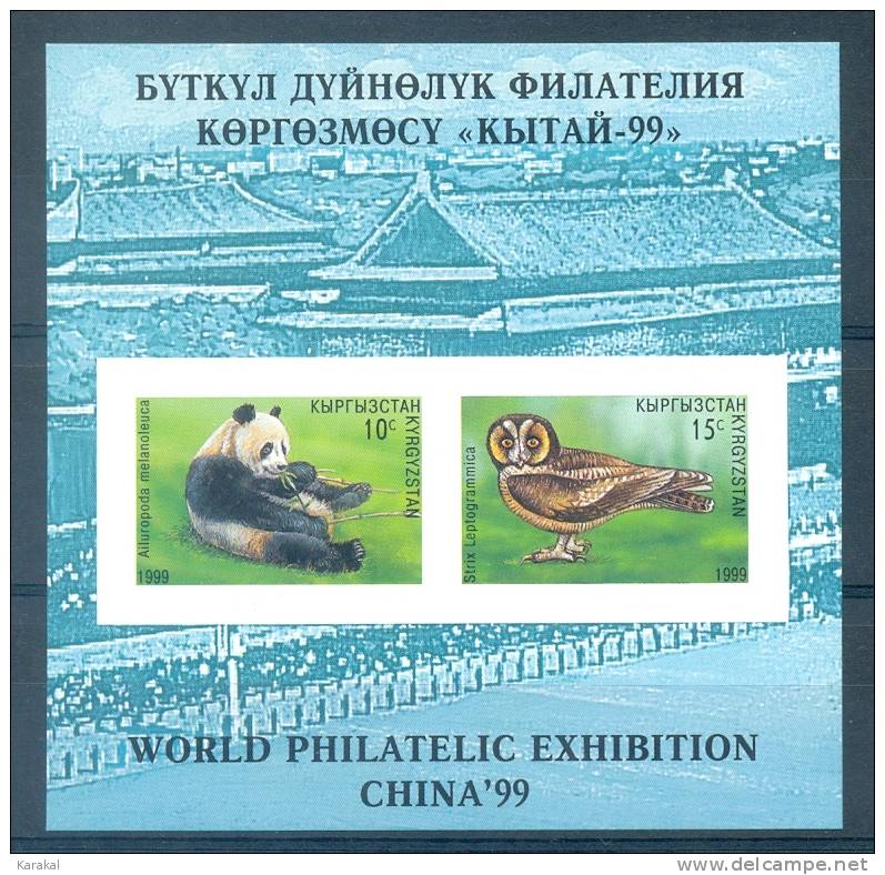 Kyrgyzstan 1999 IMPERFORATED Panda Chouette Owl World Philatelic Exhibition China 1999 Mi Bloc 20B MNH XX - Bears