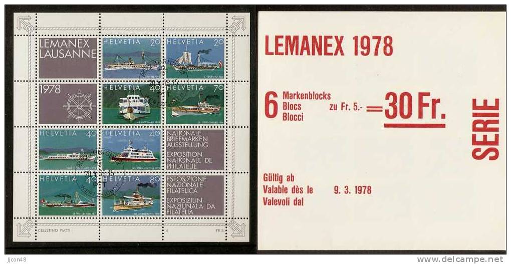 Switzerland 1978 "LEMANEX `78"  (o + ** + FDC) Mi. 1120- 1127 (block 23) See Scans X3 - Blokken