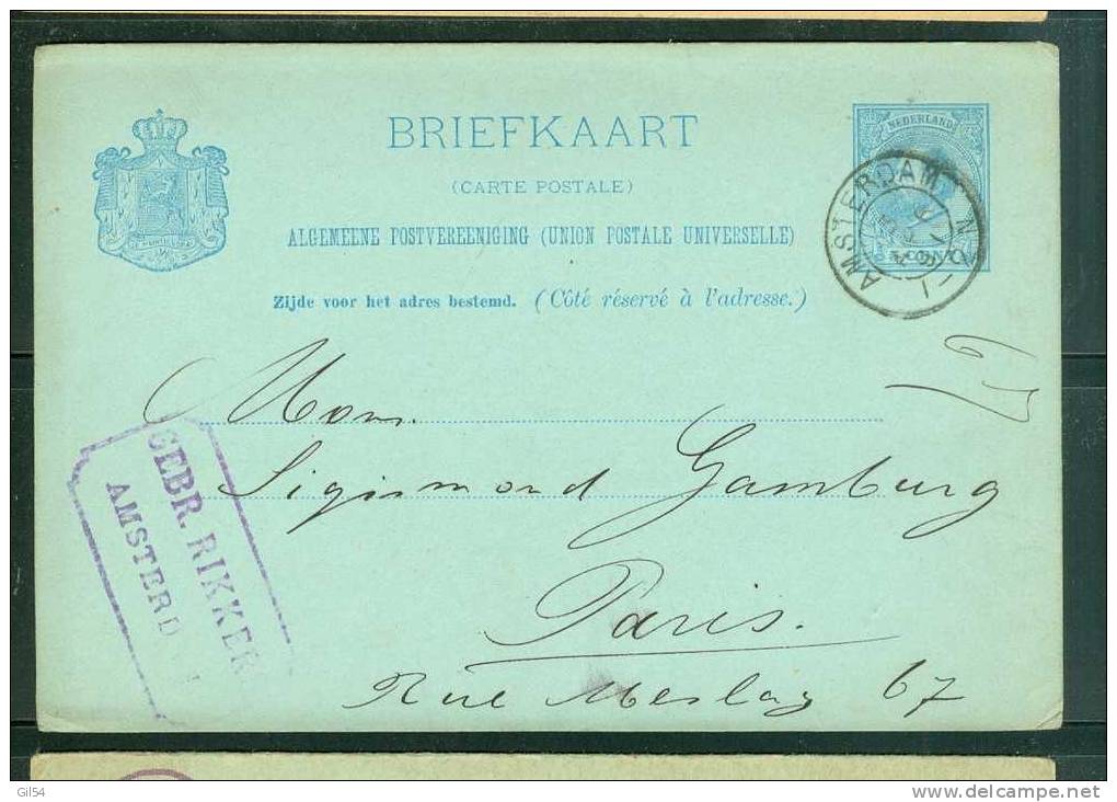 Pays Bas - Entier Postal , Stationary , 5 Cent , Oblitéré Amsterdam En 1891 , Pour Paris - Pb4231 - Postal Stationery