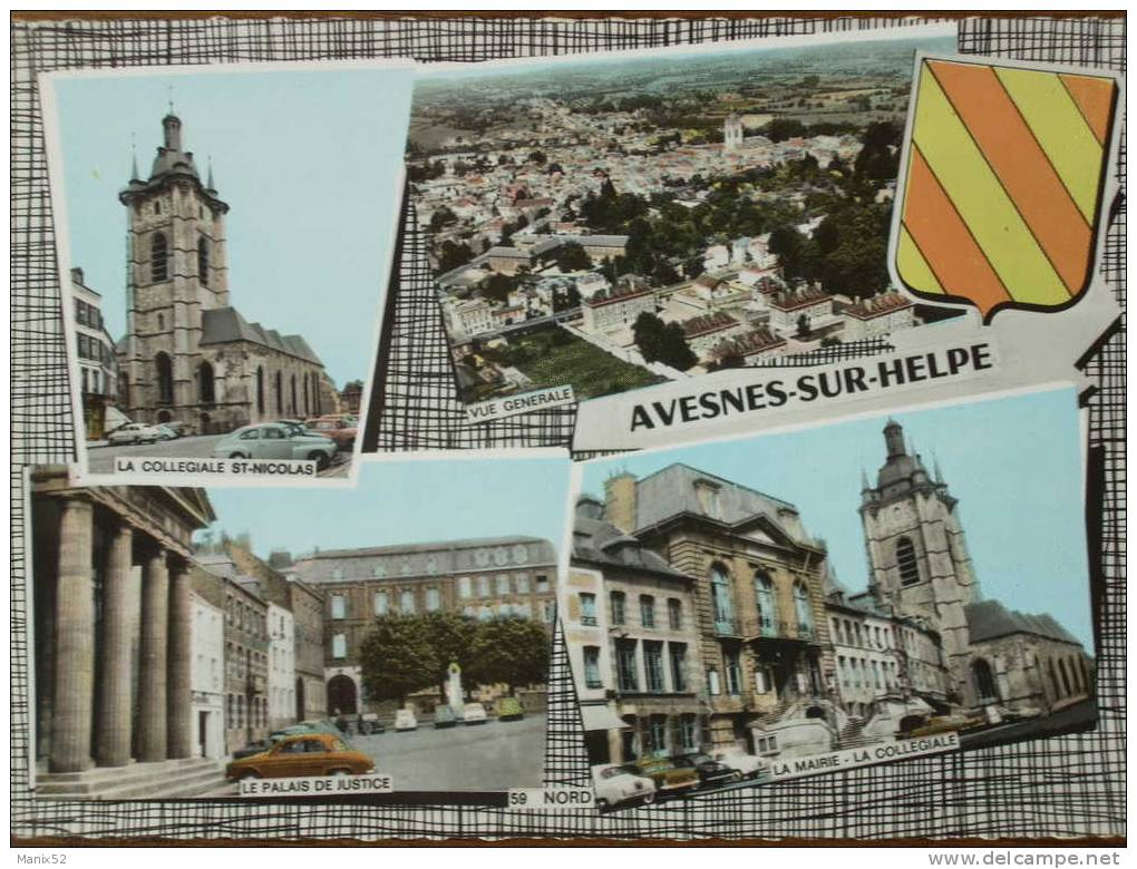 59 - AVESNES-sur-HELPE - Vue Générale, La Collégiale, Le Palais De Justice, La Mairie... Multivues Avec Blason - Avesnes Sur Helpe