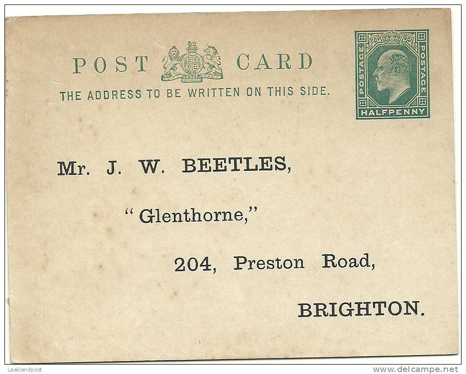 GB 1902 1/2d POSTCARD, HUGGINS CP42, WITH PRINTED BRIGHTON ADDRESS, UNUSED. - Postwaardestukken