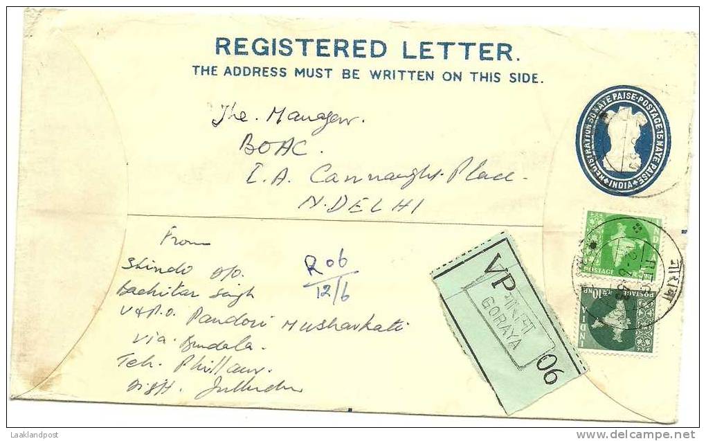 INDIA 1963 50np + 15np REGISTERED ENVELOPE, H & G C12, UPRATED WITH 5np + 10np & USED GORAYA TO NEW DELHI. - Omslagen