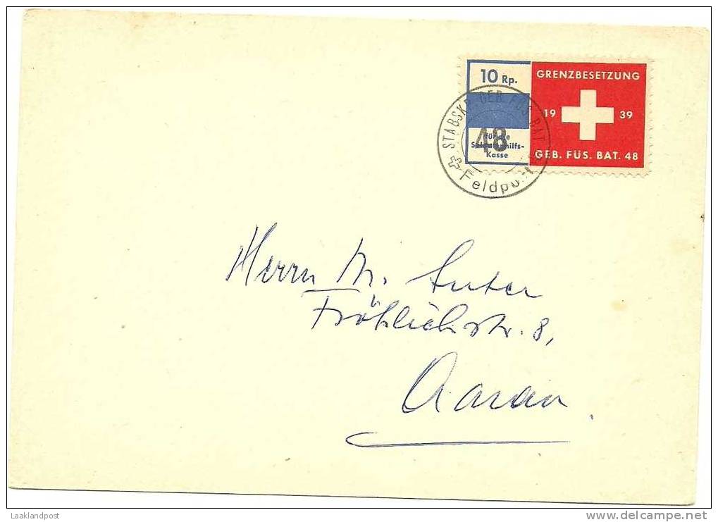 SWITZERLAND 1939 PLAIN POSTCARD FRANKED WITH SOLDIER STAMP GEB. FUES. BAT. 48, WITH APPROPRIATE POSTMARK. - Documenten