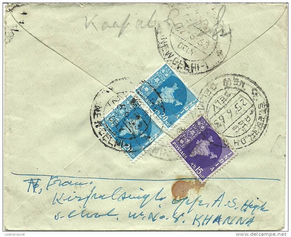 INDIA 1963 15np ENVELOPE, H & G B24, UPRATED ON REVERSE WITH 55np & USED REGISTERED KHANNA TO BOAC, NEW DELHI. - Omslagen