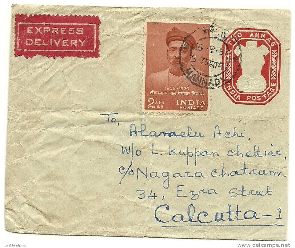 INDIA 1956 2a ENVELOPE, H & G B20, UPRATED WITH 2a & USED EXPRESS DELIVERY MANNADY TO CALCUTTA, WITH MANNADY DOUBLE CIRC - Omslagen