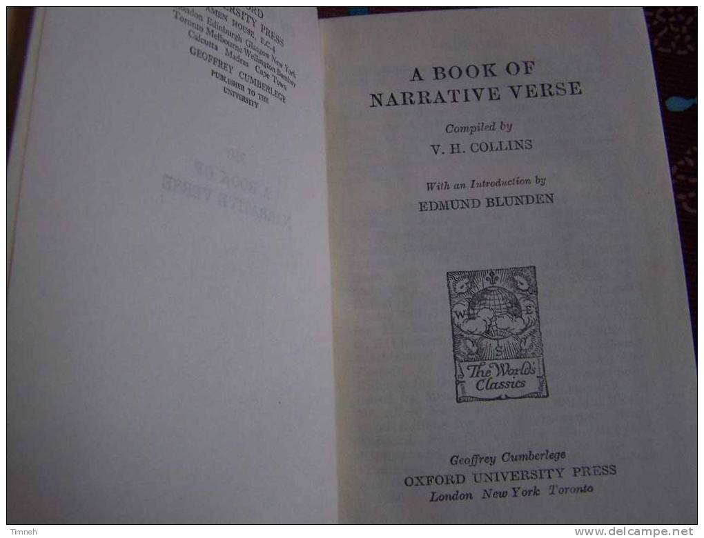 A Book Of Narrative Verse 350-the World Classics-milton Pope Kipling Keats Burns Collins-Oxford University Press-1948- - Anthologies
