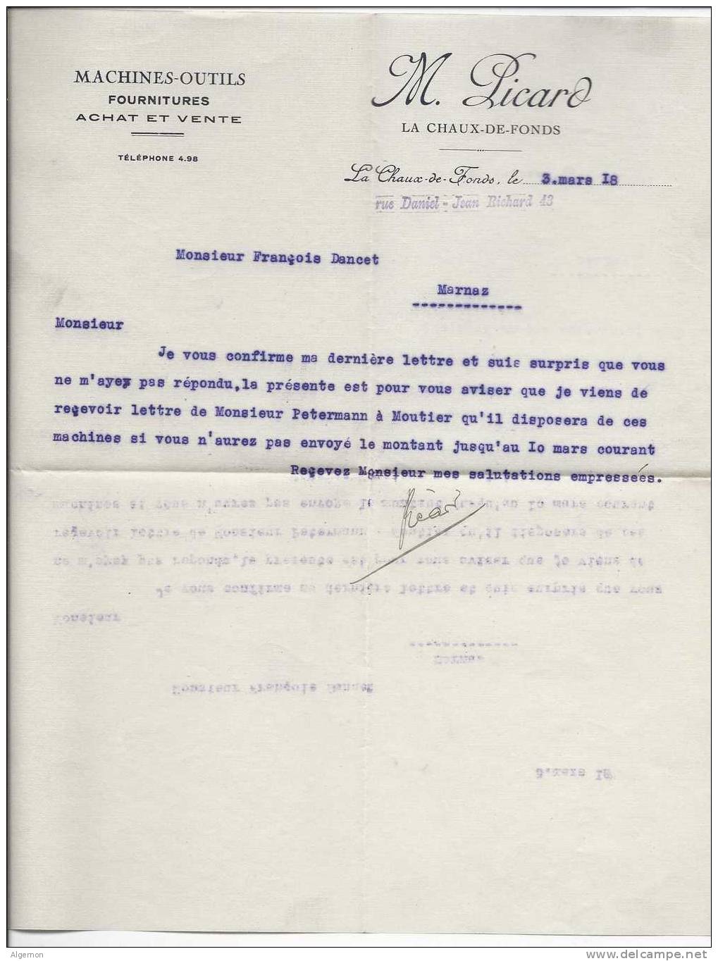 1720 - Lettre De Rappl Machines-Outils M. Piccard La Chaux De Fonds 03.03.1918 - Suisse