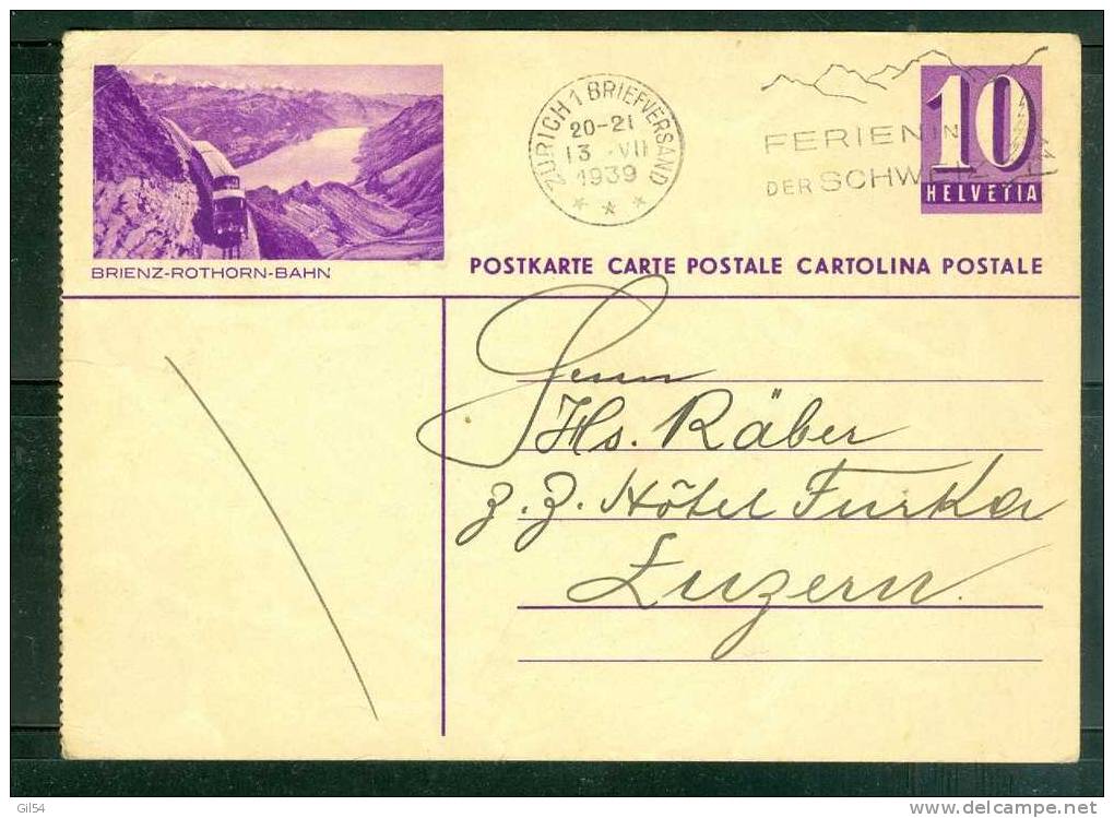 Suisse - Entier Postal 10 Cent   Illustré   Brienz-rothorn-bahn Voyagé En Juillet 1939 - Pb4304 - Stamped Stationery