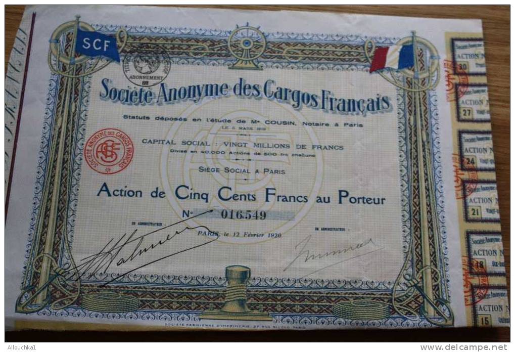 Société ANONYME DES CARGOS FRANCAIS >>MARITIME BATEAUX SCF  >SCRIPOPHILIE ACTION TITRE >500F SIEGE SOCIAL à PARIS 1920 - Navegación