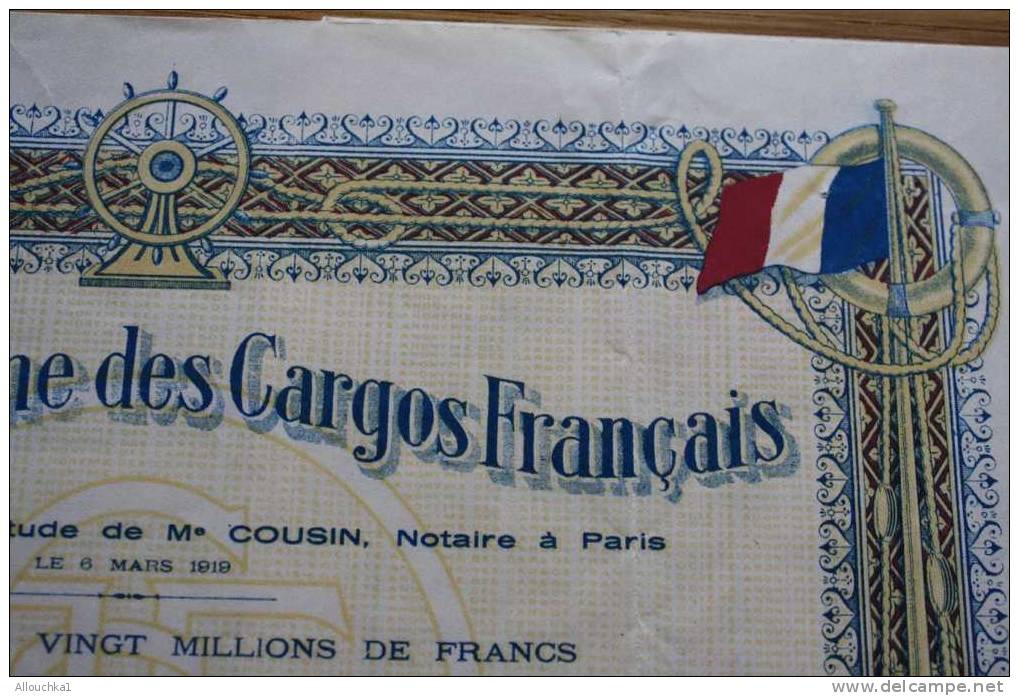 Société ANONYME DES CARGOS FRANCAIS >>MARITIME BATEAUX SCF  >SCRIPOPHILIE ACTION TITRE >500F SIEGE SOCIAL à PARIS 1920 - Navigazione