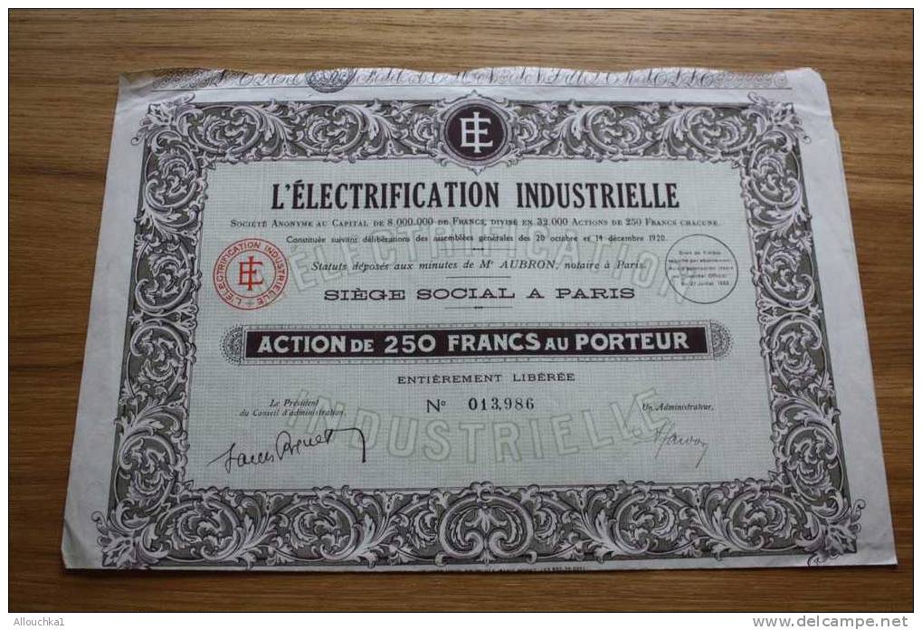 L'ELECTRIFICATION INDUSTRIELLE  >SCRIPOPHILIE ACTION TITRE >250F SIEGE SOCIAL PARIS 1933 - Electricité & Gaz