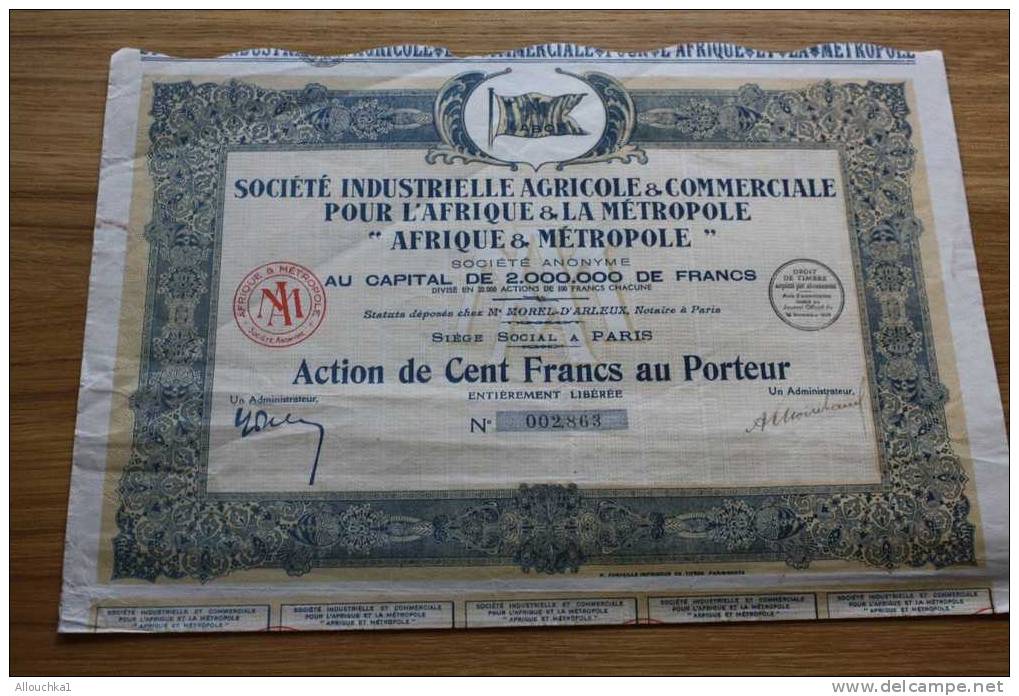 Société INDUSTRIELLE AGRICOLE COMMERCIALE P/AFRIQUE & METROPOLE LABOR>SCRIPOPHILIE ACTION TITRE >100F SIEGE SOCIAL PARIS - Afrique