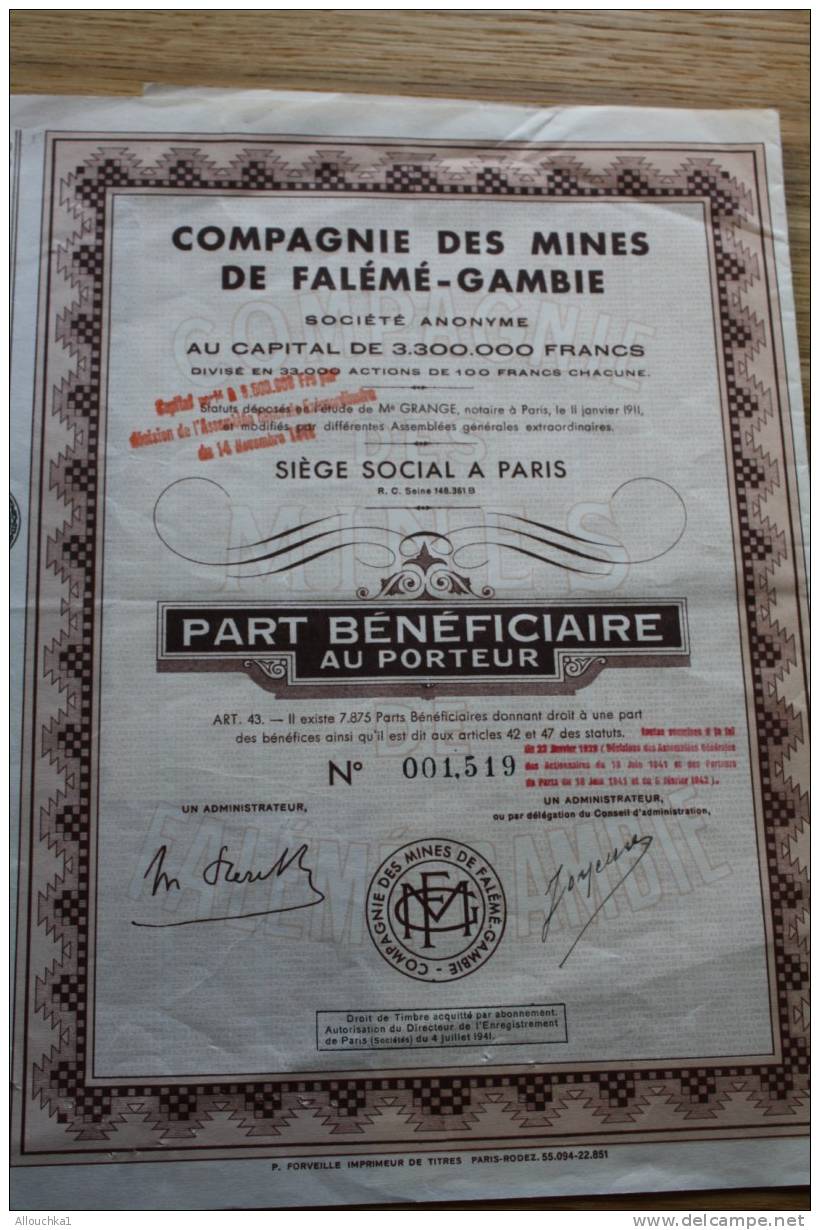 CIE DES MINES DE FALEMIE -GAMBIE   TITRE ACTION ACTUNE  SCRIPOPHILIE SIEGE à PARIS  1942 - Mineral