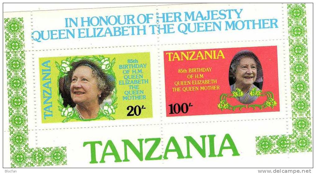 Gedenkblatt Königinmutter Elisabeth 1985 Tansania 264/7,2xZD,Block 42 Plus 43 ** 14€ Document And Bloc Sheet From Africa - Tanzanie (1964-...)