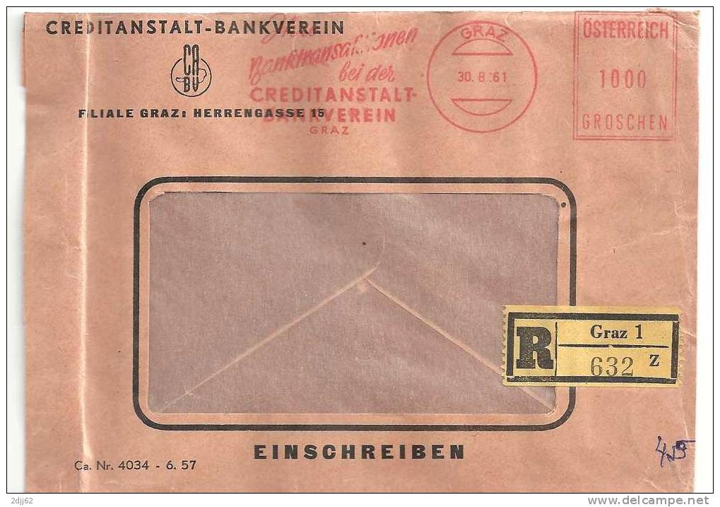 EMA Postalia, Graz, Banque - Enveloppe Recommandée 1961, Pli Marginal   (H065) - Frankeermachines (EMA)