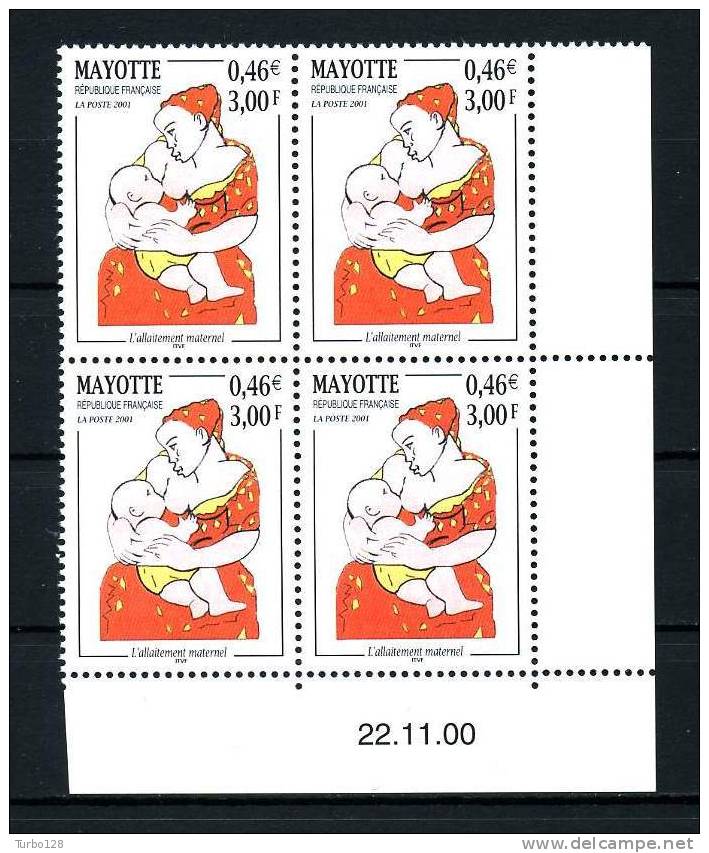 MAYOTTE 2001 Poste N° 98 ** Bloc De 4 Coin Daté  Neufs Ier Choix. SUP.  (Allaitement Maternel) - Altri & Non Classificati