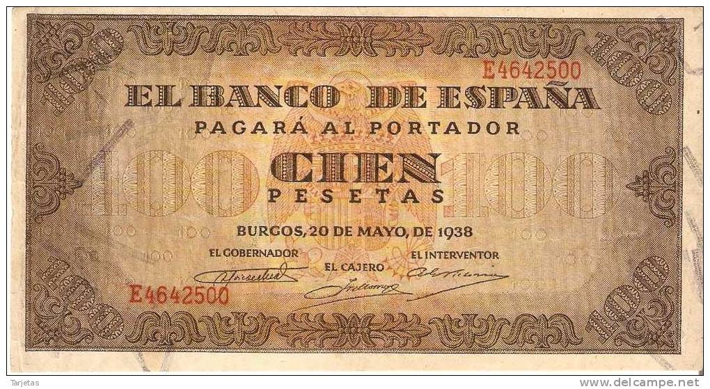 BILLETE DE ESPAÑA DE 100 PTAS 20/05/1938 SERIE E (BANK NOTE) EBC+ - 100 Pesetas