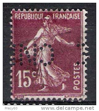 France 1924-26 Y&T N° 189 15c Brun-lilas Semeuse Fond Plein, Perforation "CNE" Fortement Décentrée - Autres & Non Classés