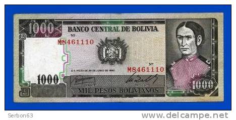 BILLET MONNAIE USAGE BOLIVIE AMERIQUE DU SUD 1000 PESOS BOLIVIANOS 2 SIGNATURES N° M 8461110 JUANA AZUROUY DE PADILLA - Bolivië