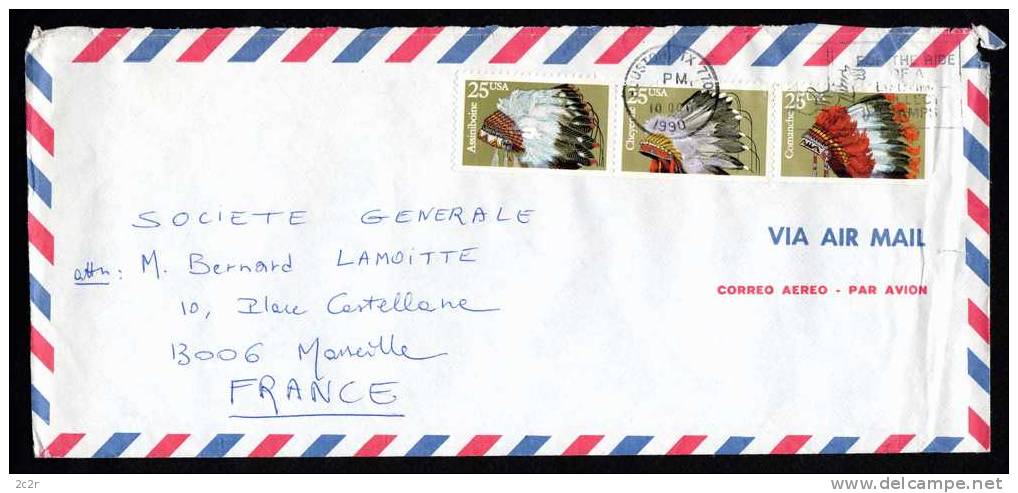 Etats-Unis - Lettre De 1990 Du Texas Pour La France / TTB (Coiffes Indiennes) - Covers & Documents