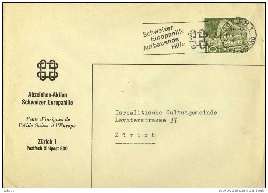 Drucksache  "Schweizer Europahilfe" - Israelitische Kultusgemeinde, Zürich     1952 - Storia Postale