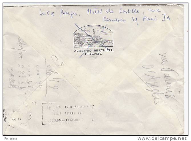 A0913 - 3 X 10 Cent. Su Lettera Albergo Berchielli Firenze VG Paris-Torino 24-01-1966 - Cartas & Documentos