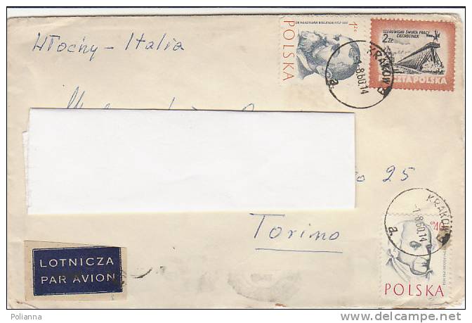 A0943 - POLSKA - POLONIA  3 Valori Su Busta  VG Kracow-Torino 1960 - Cartas & Documentos