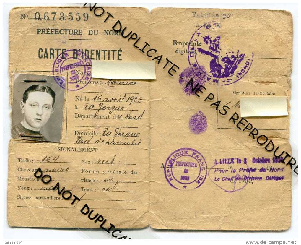 - CARTE D´IDENTITÉ D´un Mineur -  Rare -  Préfecture Du Nord, Né En Avril 1923 Et Travaillant Dans Les Mines De Lens. - Non Classés